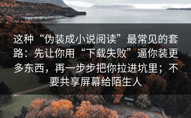 这种“伪装成小说阅读”最常见的套路：先让你用“下载失败”逼你装更多东西，再一步步把你拉进坑里；不要共享屏幕给陌生人